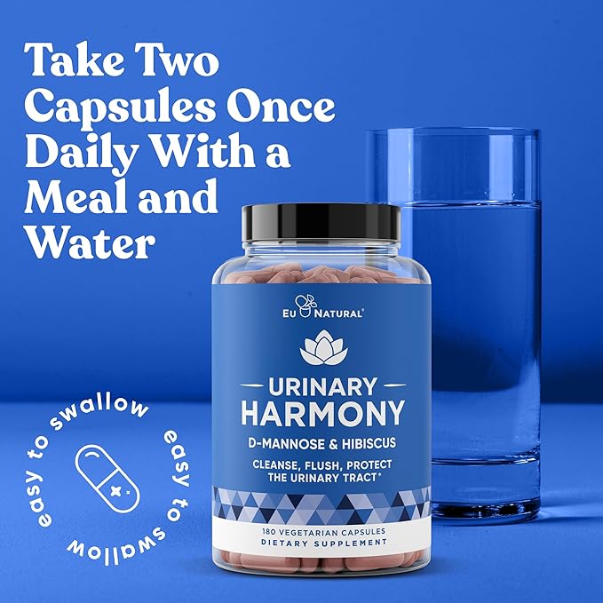Urinary Harmony D-Mannose Supplement – Urinary Tract Health for Women – Cleanses and Flushes the Urinary System – Potent Clinical Strength Formula with DMannose and Hibiscus – 180 Fast Acting Capsules