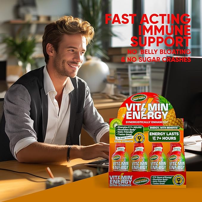Vitamin Energy Immune+ Extra Strength Energy Shot Fruit Punch 12 Pack, 260mg Natural Caffeine, B-Vitamins, Citicoline, Green Tea, Immunity & Focus Support, Zero Sugar, Gluten-Free 1.93 fl oz