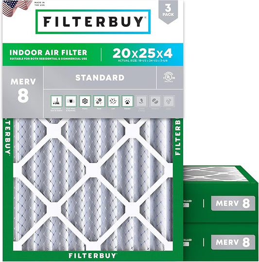 Filterbuy 20x25x4 Air Filter MERV 8 (MPR 700) Dust Defense Replacement (3-Pack), Electrostatic Pleated HVAC AC Furnace Filters, Made in USA (Actual Size: 19.50 x 24.50 x 3.63)