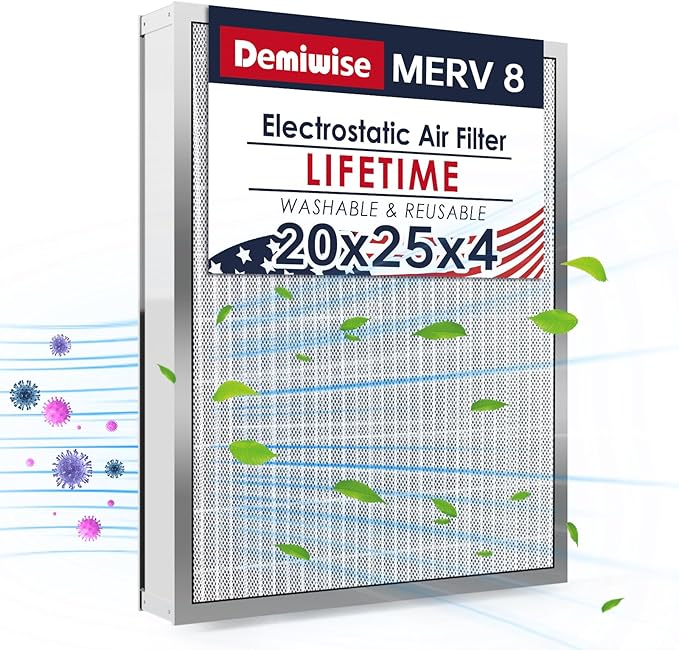 20x25x4 Washable Electrostatic Air Filter, MERV 8 Aluminum AC/HVAC Furnace Filter, Reusable Permanent Air Filter, Lasts a Lifetime, Increases Airflow（Actual Size:19.37"x 24.37"x 3.58")