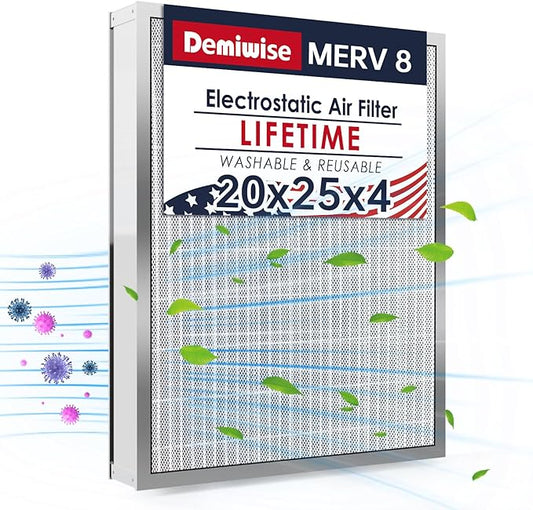 20x25x4 Washable Electrostatic Air Filter, MERV 8 Aluminum AC/HVAC Furnace Filter, Reusable Permanent Air Filter, Lasts a Lifetime, Increases Airflow（Actual Size:19.37"x 24.37"x 3.58")