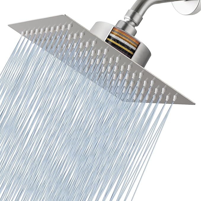 Voolan Rain Shower Head with Filtered - High Flow Large Rainfall Shower Heads Made of Stainless Steel - Waterfall Showerhead Filter For Hard Water(8" Brushed Nickel)