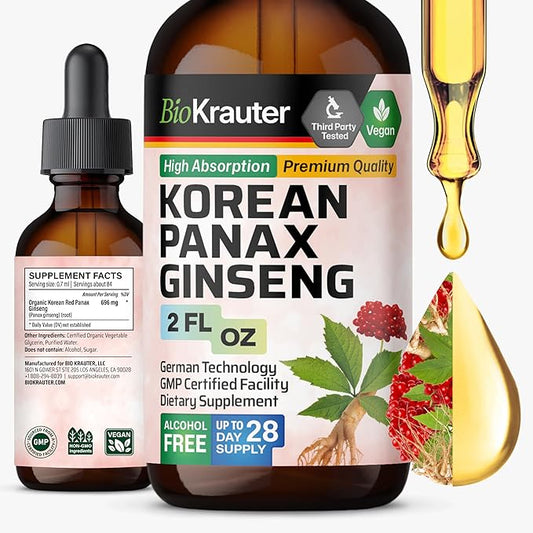 BIO KRAUTER Panax Ginseng Extract Liquid - Korean Red Ginseng Supplement Alcohol Free - Immune Support - Vegan, Sugar Free - 2 Fl.Oz.