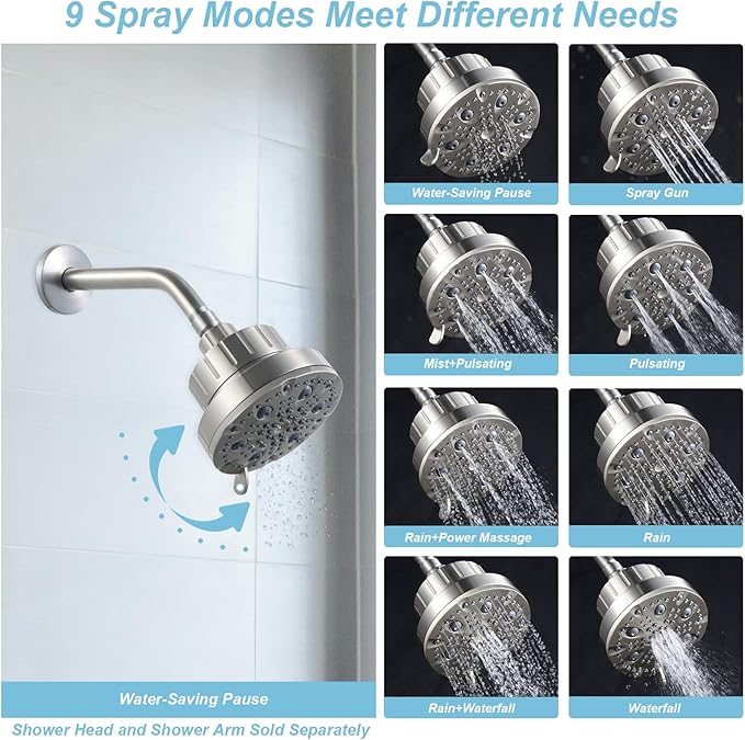 OFFO Filtered Shower Head, 20 Stage Shower Filter Head for Hard Water with Pause Mode, 9 Modes High Pressure Shower Head with Filter for Remove Chlorine and Harmful, Brushed Nickel