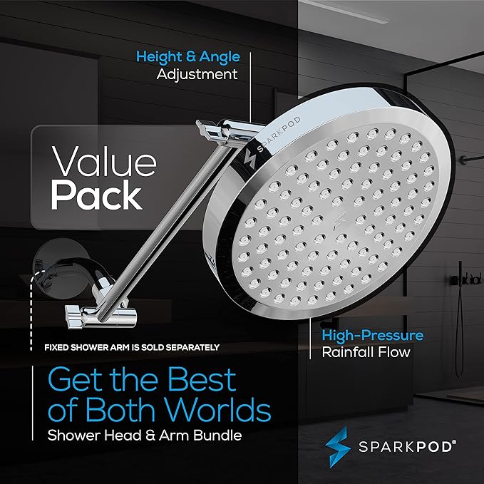 SparkPod Round Rain Shower Head with Extension Arm - Height Adjustable Shower Head with High Pressure Performance - Easy 1-Minute Installation (11" Arm Extension, Luxury Polished Chrome)