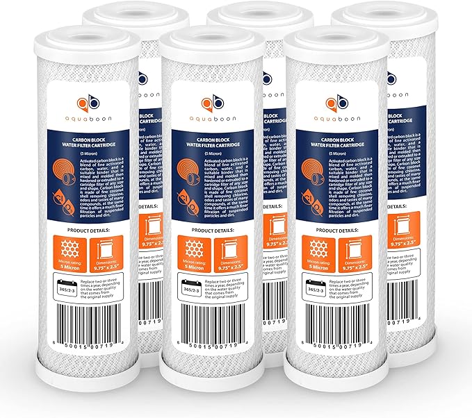Aquaboon 5 Micron 10 x 2.5 Carbon Block Water Filter Cartridge CTO Whole House Water Filter Replacement Compatible with WHKF-WHWC, FXWTC, 6-PACK