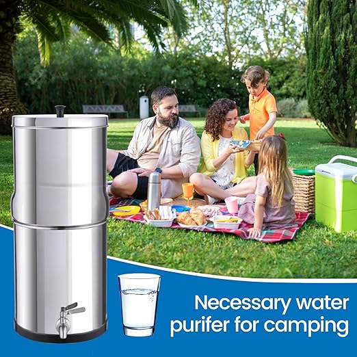 Amwater NSF/ANSI 42&372 Certification 2.25G Stainless Steel Gravity-Fed Water Filter System with 4 Black Purification Filter,Metal Spigot and 6inch Stand, Reduces Lead and up to 99% of Chlorine