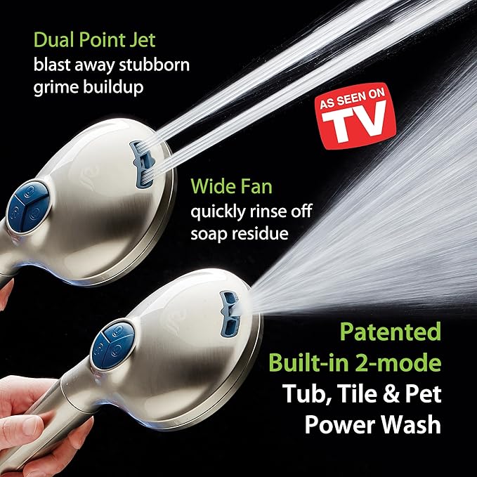 AquaCare High Pressure 6-way Dual Shower Head Combo with Built-in Filter & Power Wash - Clean Tub, Tile & Pets. Remove Chlorine, Lead & Toxins from Water to Protect Skin, Hair, & Nails. Nickel Finish
