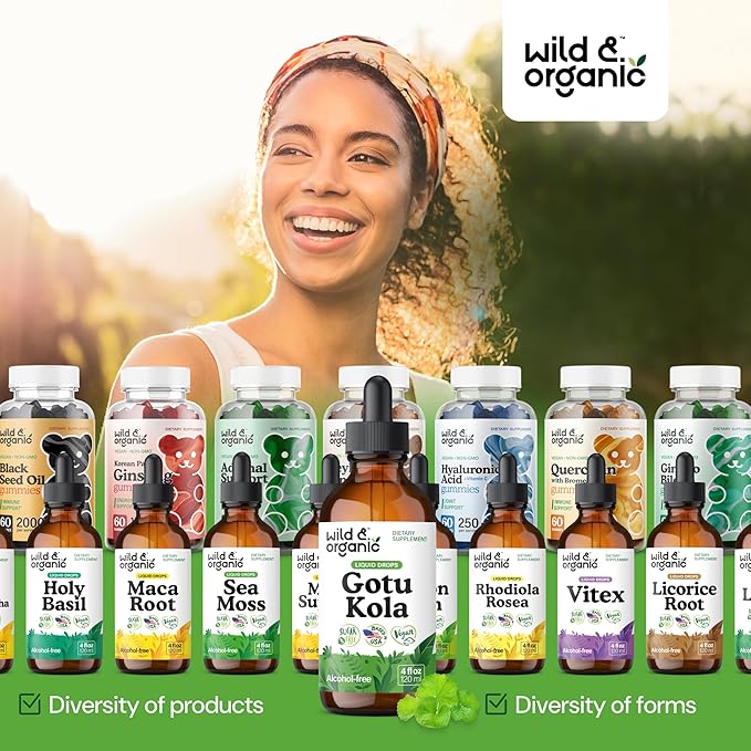 Wild & Organic Gotu Kola Extract Drops - Brain Support with Centella Asiatica Extract - Liquid Gotu Kola Supplement for Focus - Vegan, Sugar & Alcohol-Free Herb Tincture - 4 fl oz