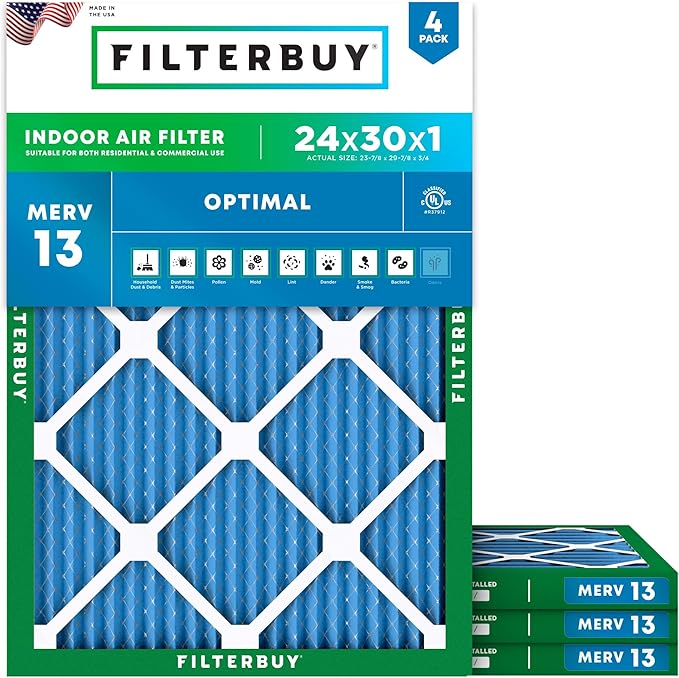 Filterbuy 24x30x1 Air Filter MERV 13 (MPR 1900) Health Defense Replacement (4-Pack), Electrostatic Pleated HVAC AC Furnace Filters, Made in USA (Actual Size: 23.88 x 29.88 x 0.75)