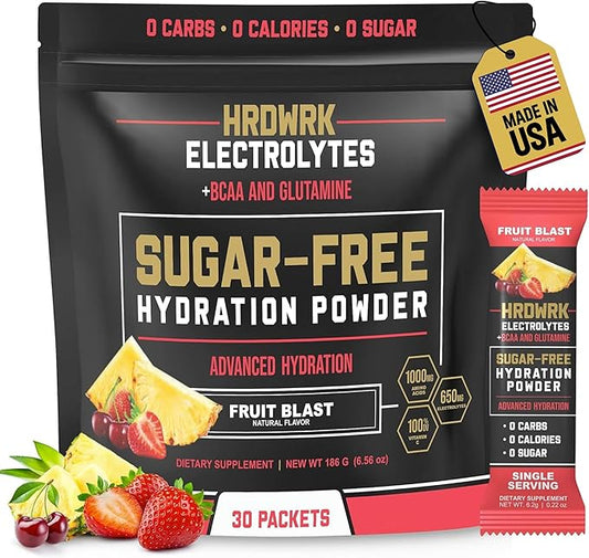 HRDWRK Electrolytes Powder Packets with Magnesium, Potassium Sodium, Keto Hydration Packets - BCAA Electrolyte Powder Packets with Glutamine, 30 Electrolytes Powder Packets Sugar Free (Fruit Blast)
