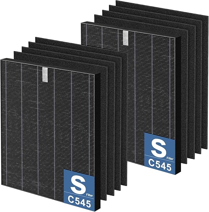 2 Pack C545 HEPA Smoke Replacement Filter S Compatible with Winix C545 Air Purifier, Replaces Part 1712-0096-00 and 2522-0058-00, 2 HEPA Filter + 8 Activated Carbon Filters, Black