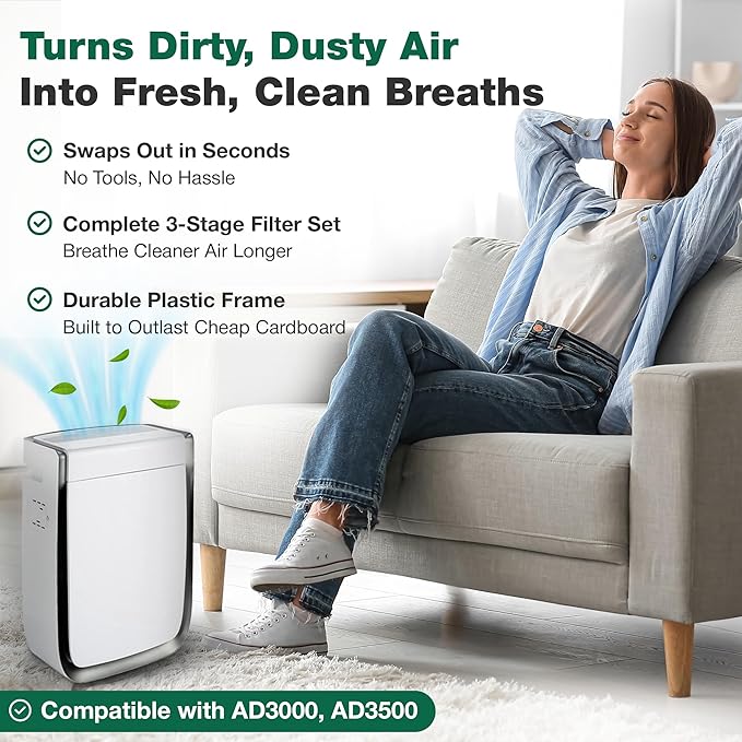 Air Purifier Filter Replacement – Compatible with Air Doctor AD3000 / AD3500 – Includes 1 Efficient Air Filter and 2 Carbon Filters + 2 Pre Filters - This is Third Party-Product