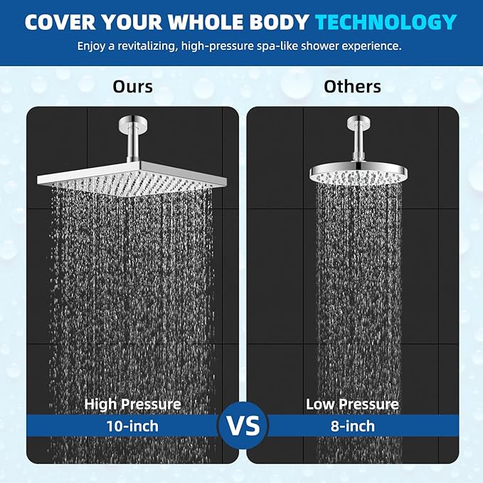 Hibbent Thickness Metal Rain Shower Head, 10 Inch High Pressure Rainfall Shower Head, Square Large Bathroom Waterfall Shower Heads, High Flow Fixed Showerheads with Adjustable Brass Ball Joint, Chrome