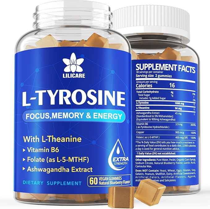 L-Tyrosine Gummies 1100mg with Ashwagandha for Men & Women, L Tyrosine Supplement and L-Theanine Calm & Focus Gummies Plus Vitamin B6, Folate, Copper for Brain, Mood, Energy - Vegan, Gluten-Free
