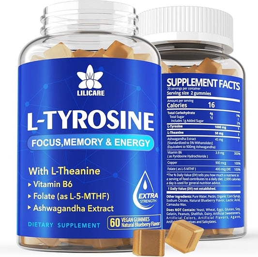 L-Tyrosine Gummies 1100mg with Ashwagandha for Men & Women, L Tyrosine Supplement and L-Theanine Calm & Focus Gummies Plus Vitamin B6, Folate, Copper for Brain, Mood, Energy - Vegan, Gluten-Free