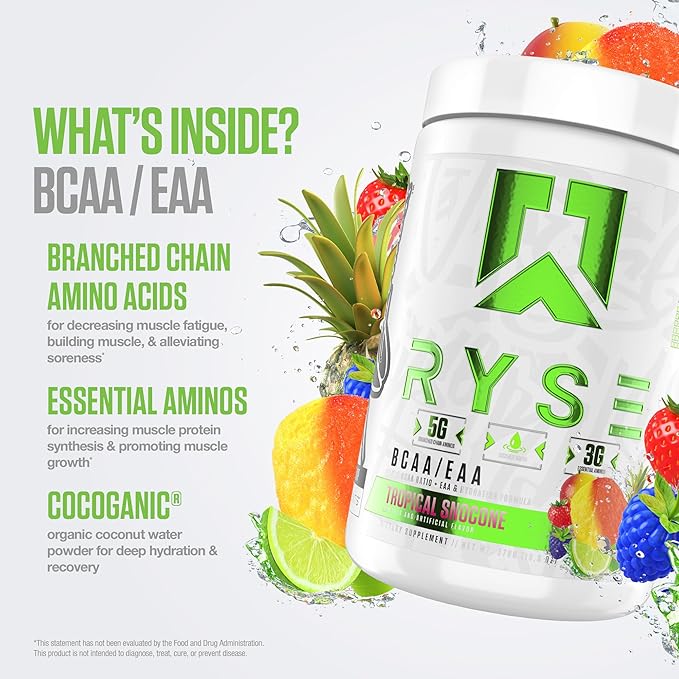 RYSE BCAA EAA Powder - Tropical Snocone - 5g Branched Chain Amino Acids, 3g Essential Aminos, Sugar-Free Electrolytes for Pre & Post Workout Muscle Recovery, Hydration and Strength - 30 Servings