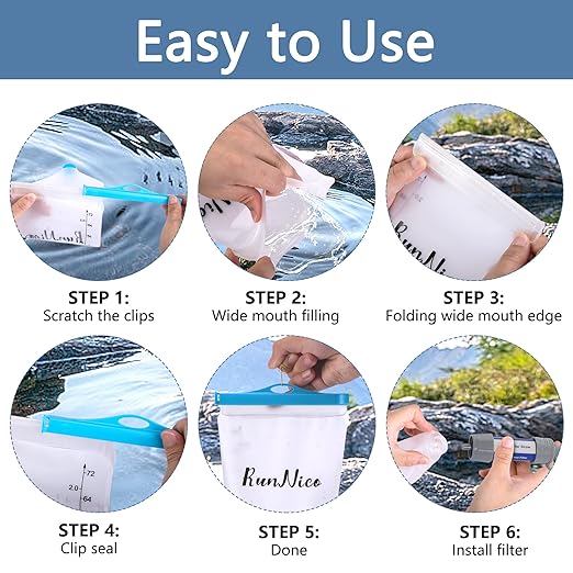 RunNico 2L/68oz Flow Water Filters Bag, Wide Mouth Water Storage Bag Compatible with 28mm Filter, Outdoor Foldable Water Filtration Reservoir for Expedition Camping Cycling Hiking Running (2 Pcs)