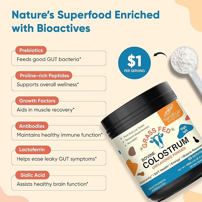 Sandhu's Grass Fed Bovine Colostrum Powder for Humans, Adults | 65 Servings (Pack of 1) Cows Supplement | High IgG for Gut Health | Immunity & Muscle Recovery Support | Unflavored | for Men & Women