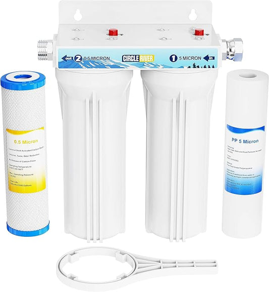 External RV Dual Water Filter System Two Filters and Mounting Bracket Included Premium Filtration & Bulit to Last, Reduce Sediment, Odor, Taste, Chlorine Ideal for RV, Marine, Motor Home
