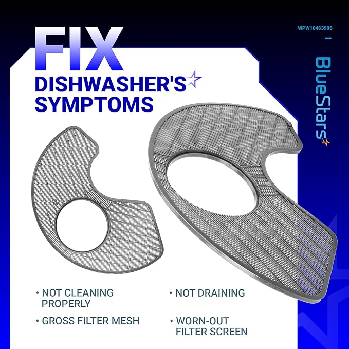 BlueStars WPW10463906 Dishwasher Screen Filter - Compatible with KitchenAid Maytag Whirlpool Jenn-Air Kenmore Amana Dishwashers - Replaces W10463906, WPW10195360, 2312301, PS11755148, AP6021820