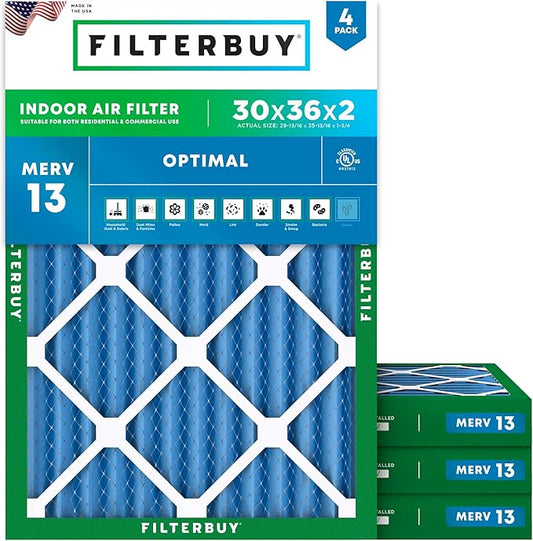 Filterbuy 30x36x2 Air Filter MERV 13 (MPR 1900) Health Defense Replacement (4-Pack), Electrostatic Pleated HVAC AC Furnace Filters, Made in USA (Actual Size: 29.81 x 35.81 x 1.75)