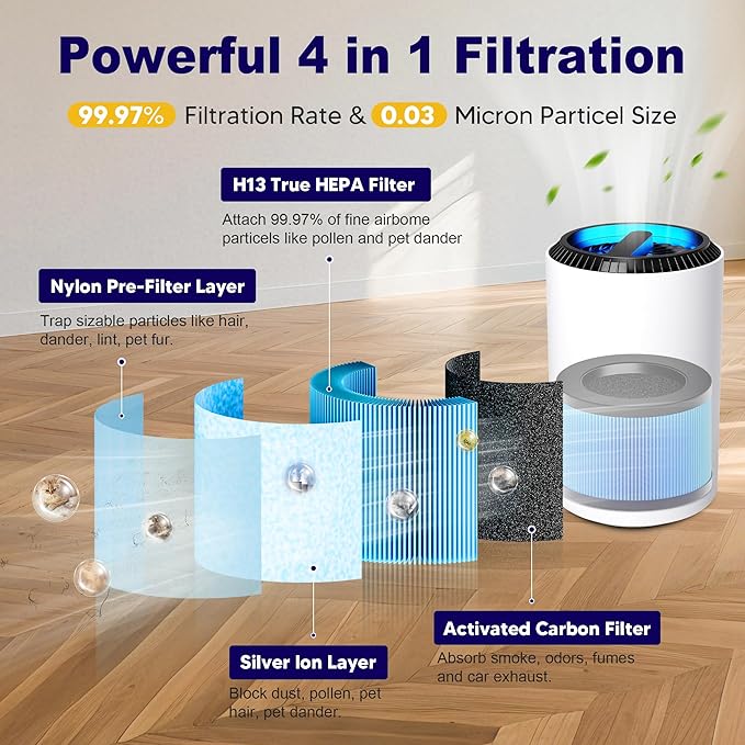 MK01 & MK06 True HEPA Filter Replacement Compatible with Aroeve MK01, MK06, ToLife TZ-K1 and Kloudi DH-JH01 Air Purifier, Standard Version, Blue, 2 Pack