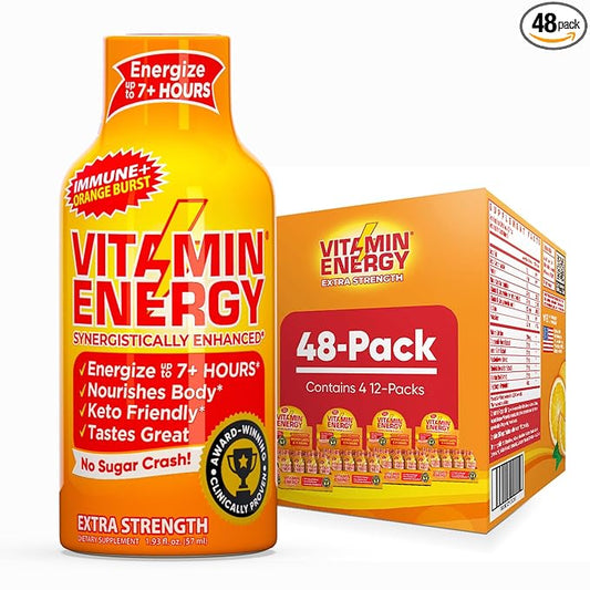 Vitamin Energy Immune+ Extra Strength Energy Shot Orange Burst 48 Pack, 260mg Natural Caffeine, B-Vitamins, Citicoline, Green Tea, Immunity & Focus Support, Zero Sugar, Gluten-Free 1.93 fl oz