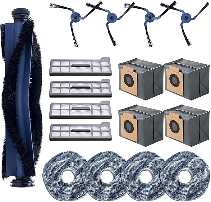 Replacement Parts Compatible with eufy X10 Pro Omni Robot Vacuums Replacement Parts, 4 Dust Bags, 4 Washable Vacuum Mop Cloths, 4 Side Brushes, 4 HEPA Filters, 1 Main Brush, X10 Pro Omni Accessories
