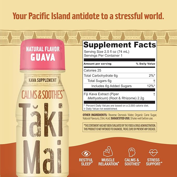 Taki Mai Guava Kava Kava 2.5 oz (24-pack) Shots – Noble Kava Root Drink, Ready to Drink for Stress Support & Relaxation, Fast Acting Herbal Support for Calming Better Sleep and Balanced Mood