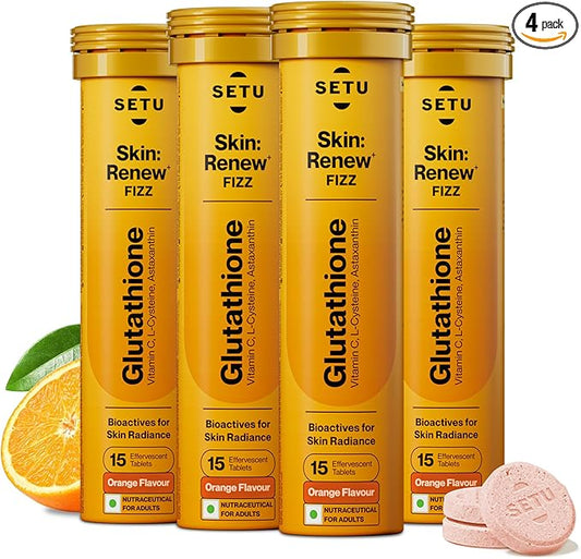 SETU Glutathione Effervescent Tablets with 500mg L-Glutathione & Vitamin C | Sugar-Free Antioxidant Supplement | Orange Flavor (Pack of 4) | 60 Tablets