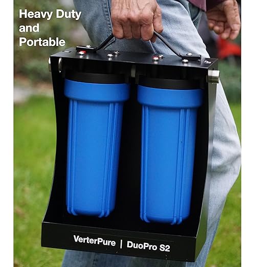 DuoPro S2 External 2-Stage RV Fresh Water Filter System, High Flow, NSF Housings, 3/4" GHT Stainless Steel Fittings, Reduce Sediment, Chlorine, Odor, Heavy Duty Free-Standing Chassis, Blue