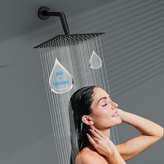 Lordear Rain Shower Head 8 Inch Square High Pressure Waterfall Shower Head Ultra Thin 304 Stainless Steel Shower Head with 100 Silicone Nozzles,Matte Black