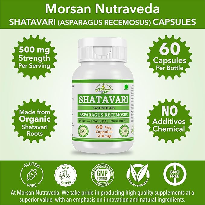 Morsan Nutraveda’s Shatavari (Asparagus Racemosus) Capsule | 10:1 Highest Potency Extract | 100% Natural Product | Combo Pack of 2 x 60 x 500 mg. Veg. Capsules
