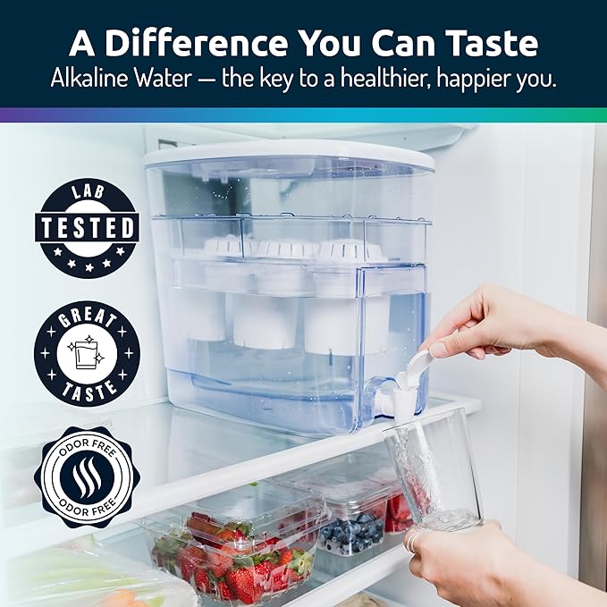 Invigorated Water - Alkaline Countertop Water Filter Dispenser, Large 52-Cup Capacity, Mineralized Alkaline Water, BPA-Free, 96 Gallons/Filter (Black, 3 Filters Included)