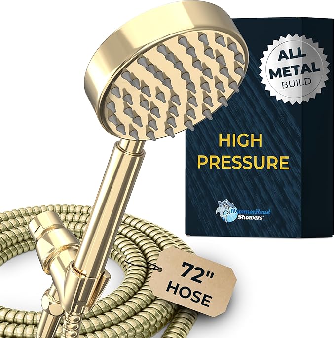 HammerHead Showers® Solid Metal Handheld Shower Head with Hose and Brass Holder - POLISHED BRASS - 2.5 GPM High Pressure Shower Heads with Adjustable Shower Wand Bracket - 6ft Flexible Extension