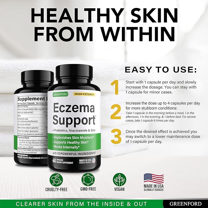 Greenford Eczema Treatment & Support for Natural Relief - Made in USA - Skin Vitamins & Herbals for Eczema, Acne, Psoriasis, Rosacea Treatment with Zinc, Niacinamide & Probiotics - 60 caps