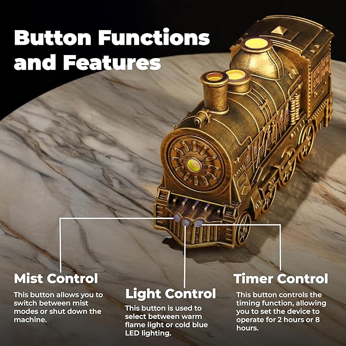 OMEO Gold Small Train Aromatherapy Humidifier & Essential Oil Diffuser - Dual Mist, Quiet Ultrasonic, 300ML Tank, Remote Control, LED Light, Air Purifier for Home, Office, and Bedroom Use