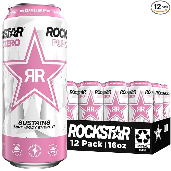 Rockstar Pure Zero Energy Drink,Watermelon Kiwi, 0 Sugar, with Caffeine and Taurine, 16oz Cans (12 Pack) (Packaging May Vary)