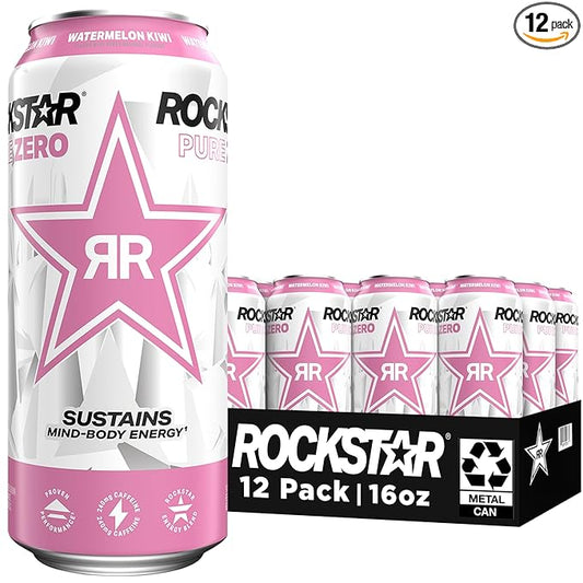 Rockstar Pure Zero Energy Drink,Watermelon Kiwi, 0 Sugar, with Caffeine and Taurine, 16oz Cans (12 Pack) (Packaging May Vary)