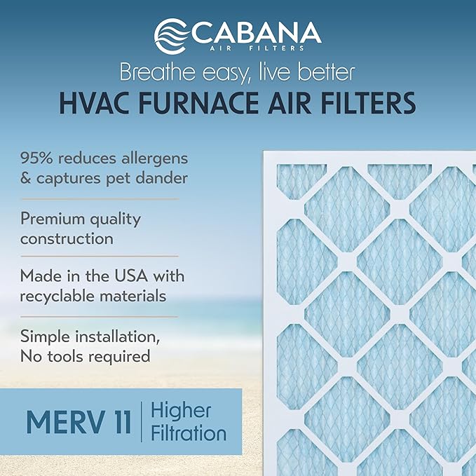 Cabana Filters 20x25x1 AC Furnace Air Filter, Merv 11 Capture Unwanted Particles, Pleated Furnace Filter HVAC AC Filters - Made in the USA - 6 Pack