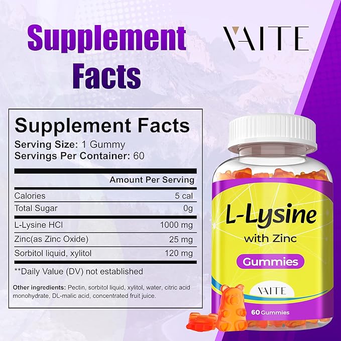 L Lysine Gummies 1000mg with Zinc - Supports Skin, Lip, Vegan, Gluten Free, 60 Chewable L-Lysine for Adults, Vitamins Tissue Health & Immune System, Amino Acid & Complex Supplements, Non-GMO(2Pack)