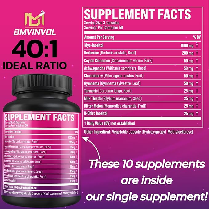BMVINVOL Inositol Supplement - Myo-Inositol and D-Chiro Inositol Ideal 40:1 Ratio - Plus Berberine, Cinnamon, Ashwagandha + 5 More - 150 Capsules