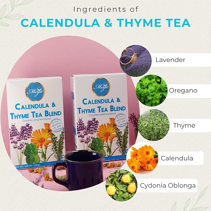 Merja Herbs Calendula & Thyme Tea [250g] 100% Natural for Fungal Cleanse & Body Detox | Decaf Viral Relief | Herbal Teas & Beverages
