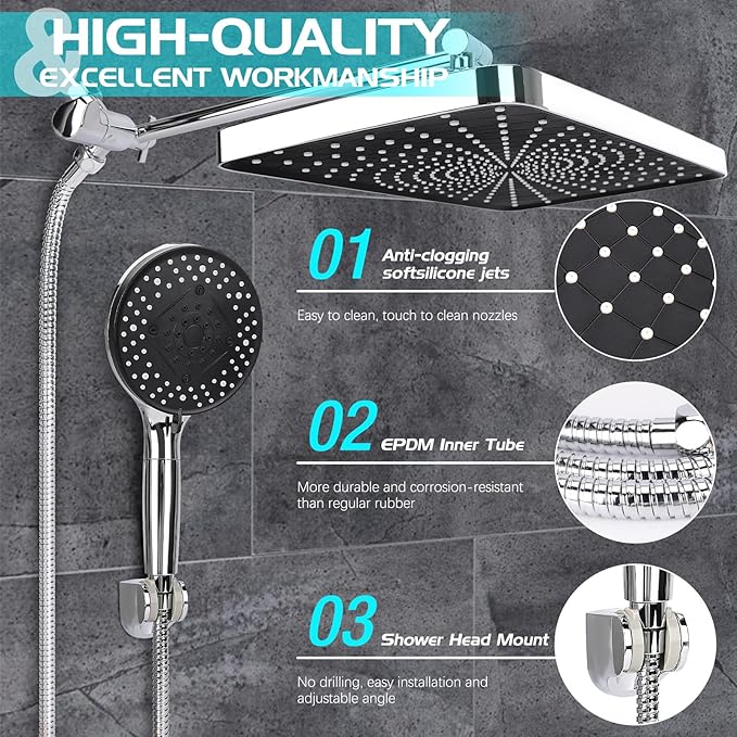 Shower Head 14'' High Pressure Rain Shower Head Combo, Filtered Handheld with 10 Water Spray, 3-Way Diverter Extension Arm Rainfall Showerhead, Adjustable Shower head with Anti-Clog Nozzles