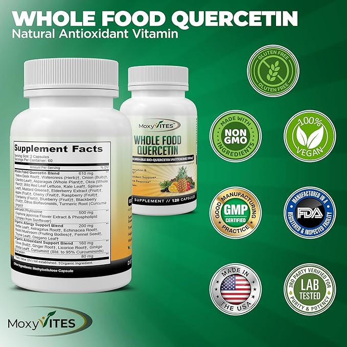 Quercetin with Bromelain 500mg Supplement - Bioactive Phytosome Complex, Pure Organic Whole Food Seasonal Support, Antioxidant, 20X Absorption & Bioavailability-120 Caps