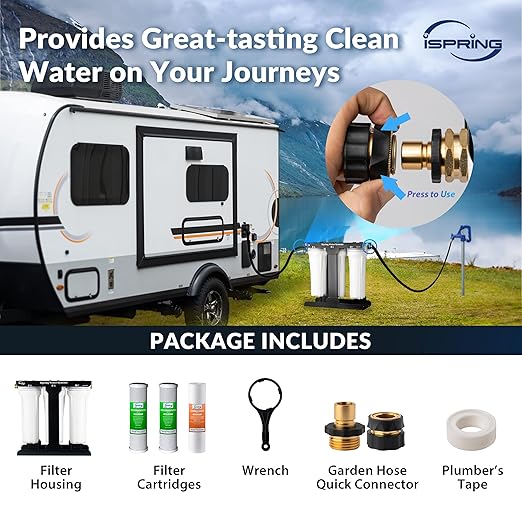 iSpring CW31 RV Water Filter System, 3-Stage RV Water Filtration System for Campers, 3/4'' Lead-Free Brass Hose Quick Connectors, Tankless, High Capacity, White