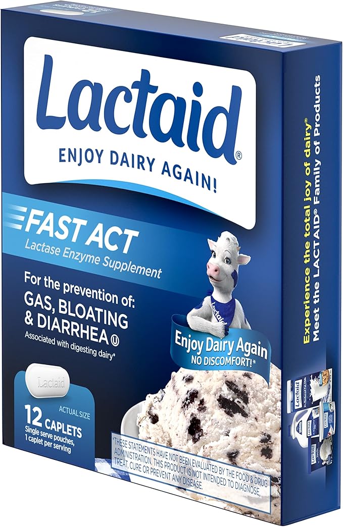 Lactaid Fast Act Lactose Intolerance Relief Caplets with Lactase Enzyme to Prevent Gas, Bloating & Diarrhea Due to Lactose Sensitivity, Ideal for Travel & On-The-Go, 12 Packs of 1-Count