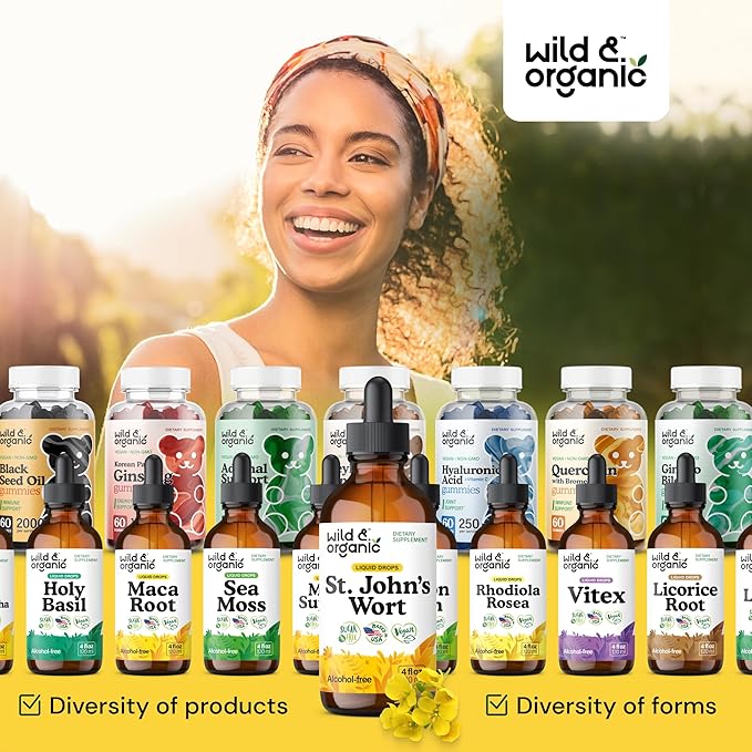 Wild & Organic St Johns Wort Tincture - Mood Support - Calming St John's Wort Supplement - Hypericum Perforatum Herbal Liquid Drops - Vegan, Sugar & Alcohol Free - 4 fl oz