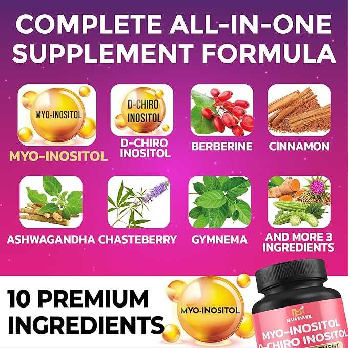 BMVINVOL Inositol Supplement - Myo-Inositol and D-Chiro Inositol Ideal 40:1 Ratio - Plus Berberine, Cinnamon, Ashwagandha + 5 More - 90 Capsules